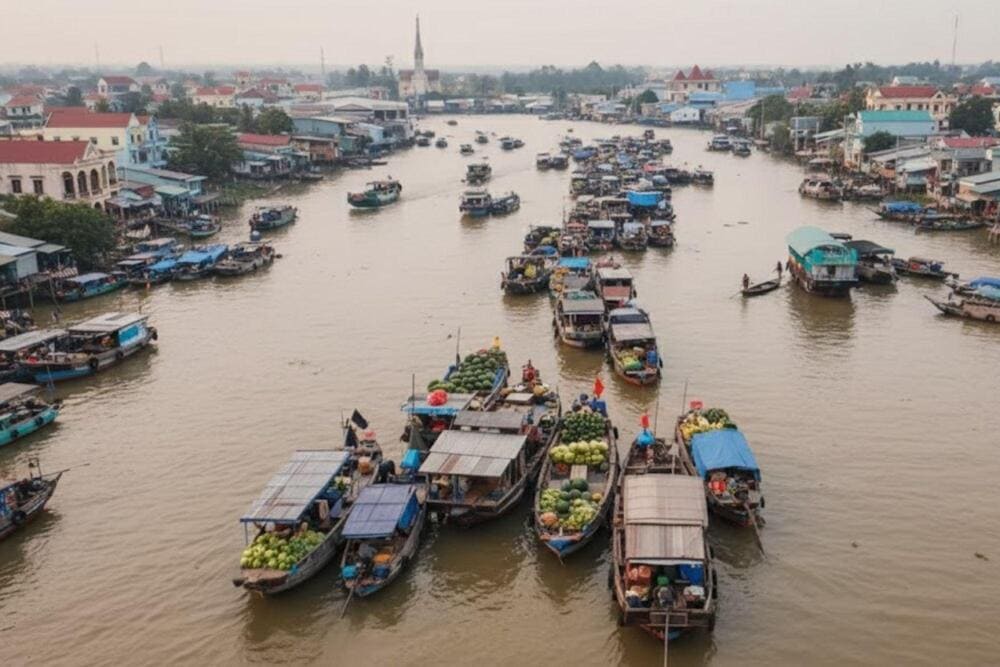 Cai Be Floating Market is a unique blend of floating and land-based trading